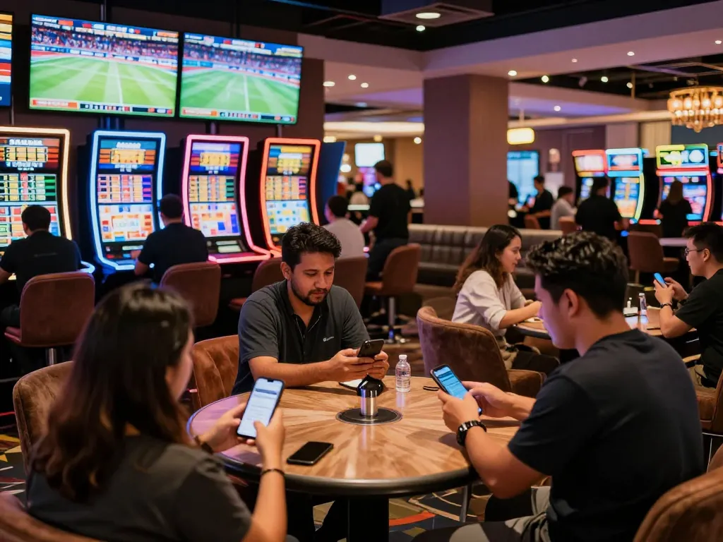 SBOBET patrons engaging in sports betting at a vibrant casino lounge, showcasing modern betting excitement.
