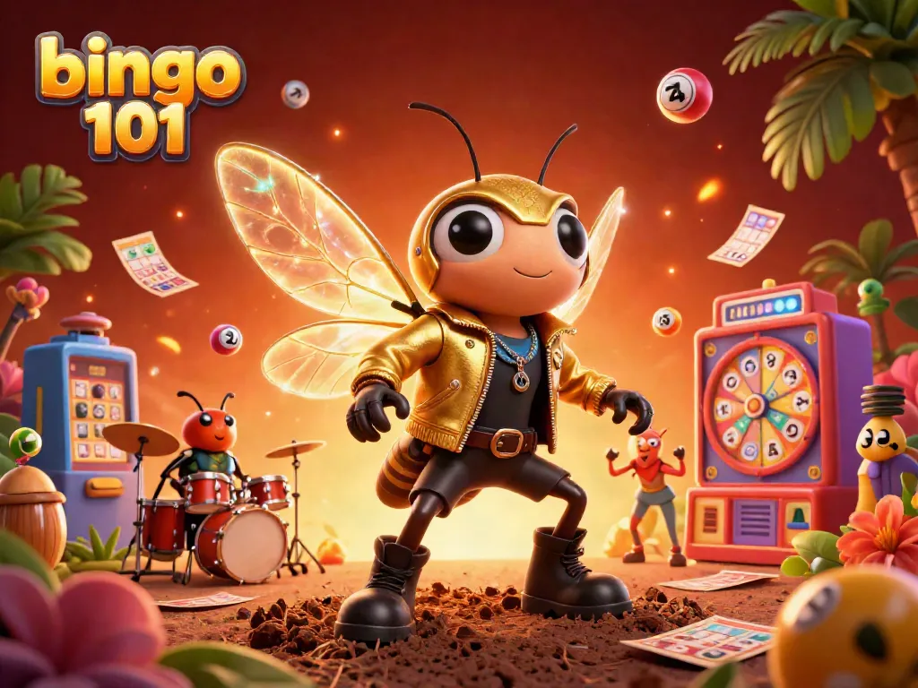 Bingo 101 illustrates a cartoon cicada rock star performing with bingo elements, celebrating winnings.