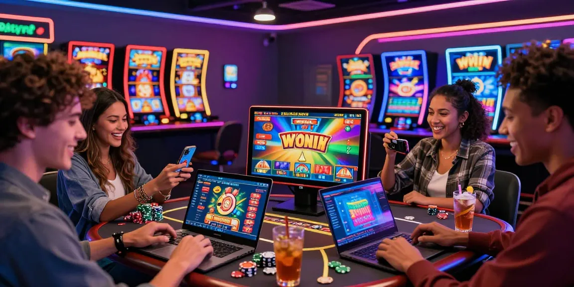 Exciting social scene celebrating wins at new online casinos in the UK, showcasing modern gaming interfaces and diverse players.