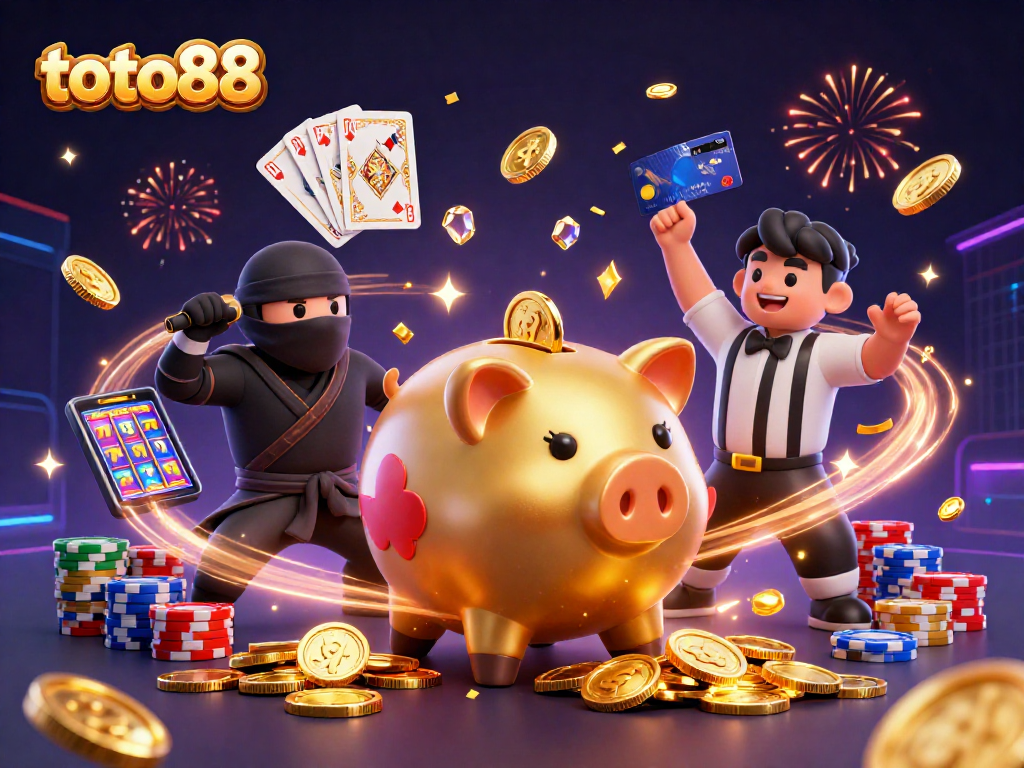 Engage with exciting toto88 slots as a golden piggy bank sumo wrestler battles, delivering coins in the vibrant casino scene.
