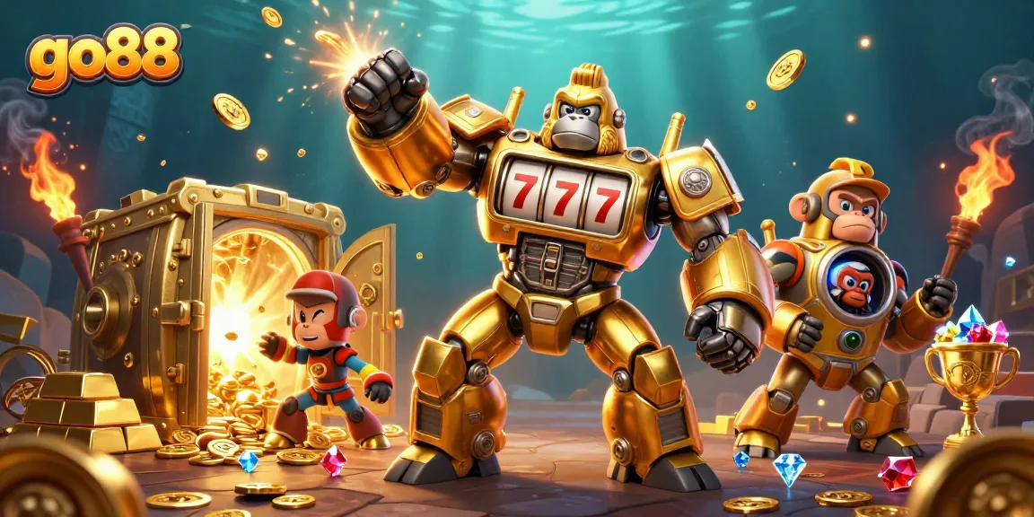 Engage in exhilarating go88 slots action with a vibrant golden gorilla mech amidst treasure-filled chaos.