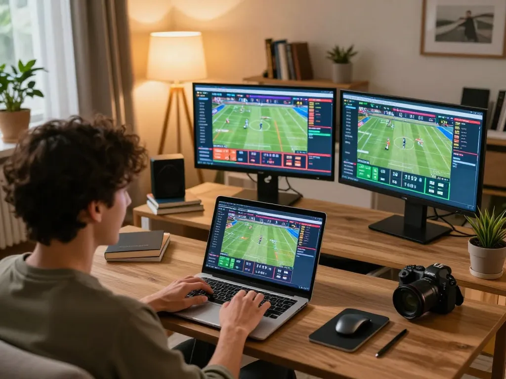 Engaged user placing bets on keonhacai platform during live sports events, showcasing excitement and strategy