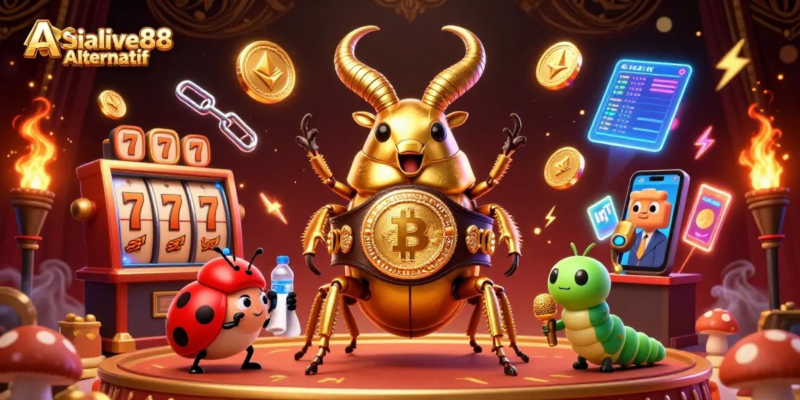 Experience thrilling moments with Asialive88 Alternatif in a vibrant casino scene featuring a giant beetle champion.