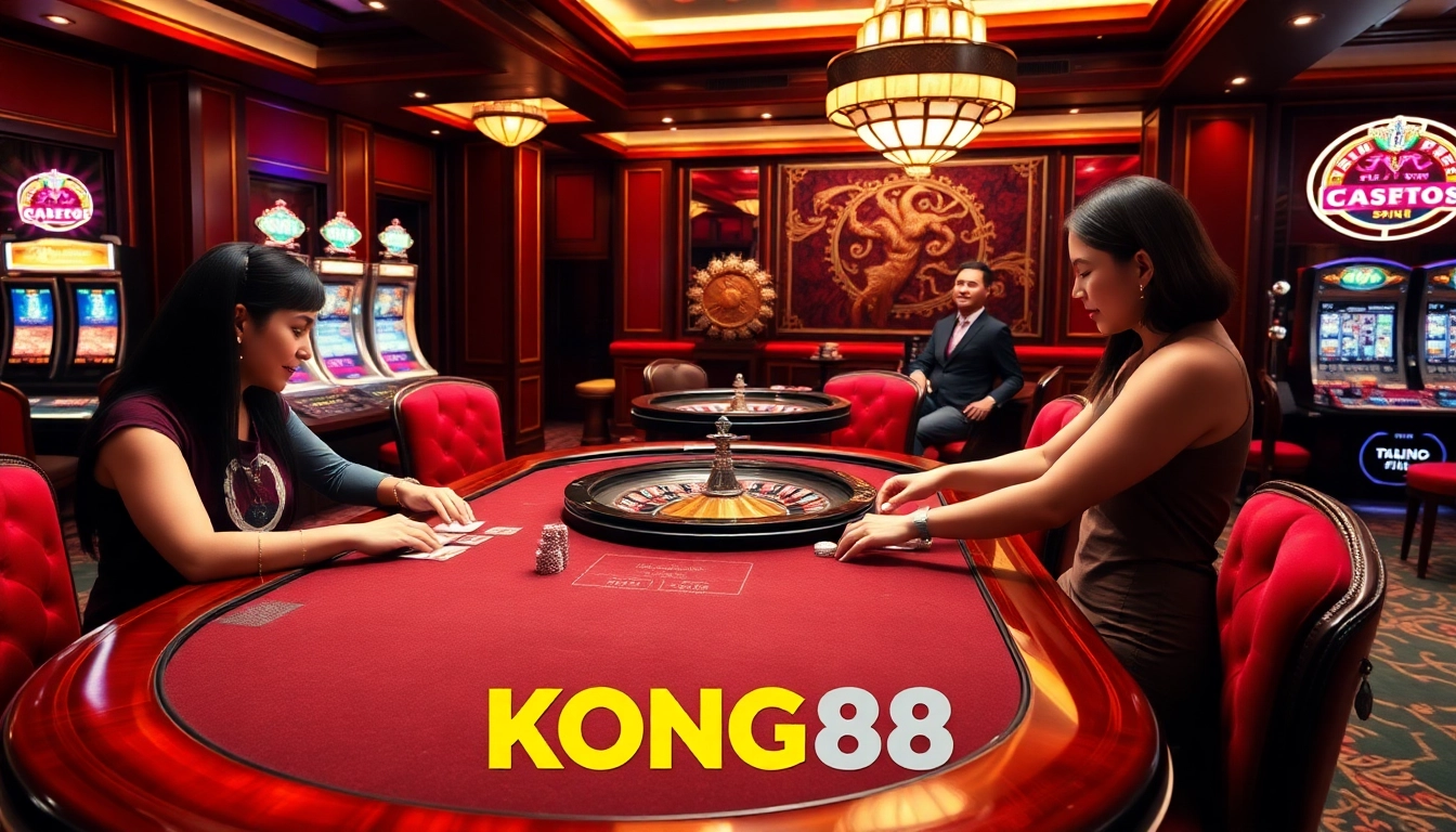 KONG88 gamblers enjoying a thrilling table game experience in a luxurious casino.