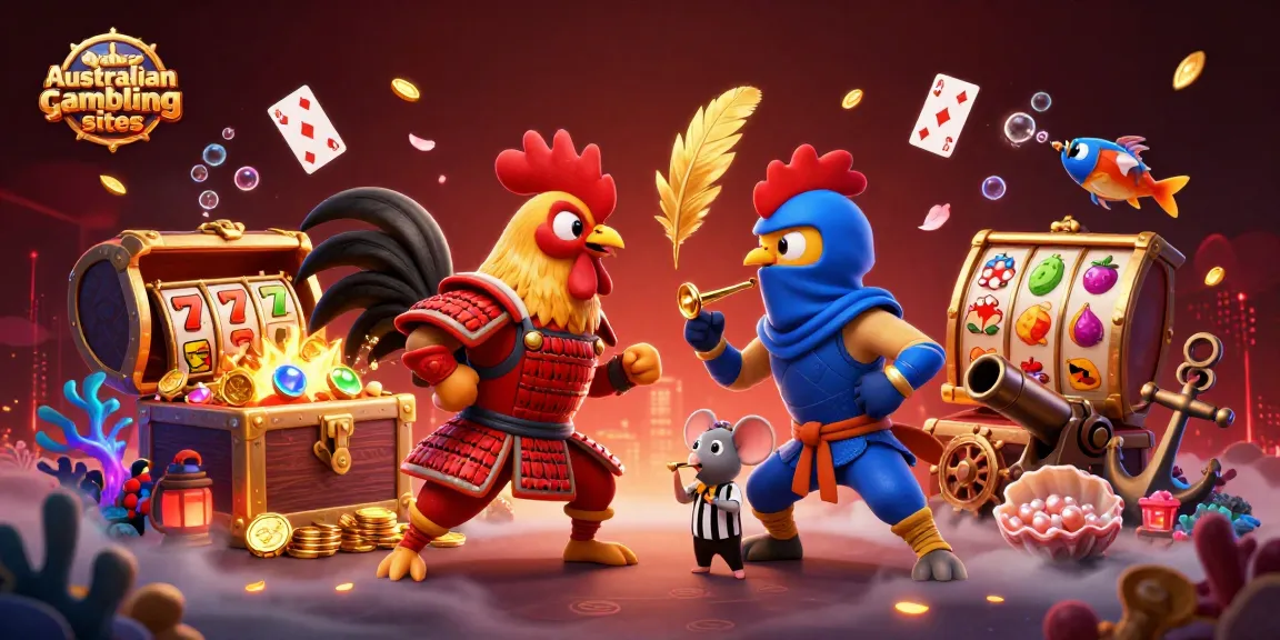 Engage with the vibrant scene of fighting roosters representing Australian online gambling sites amidst dynamic casino elements.