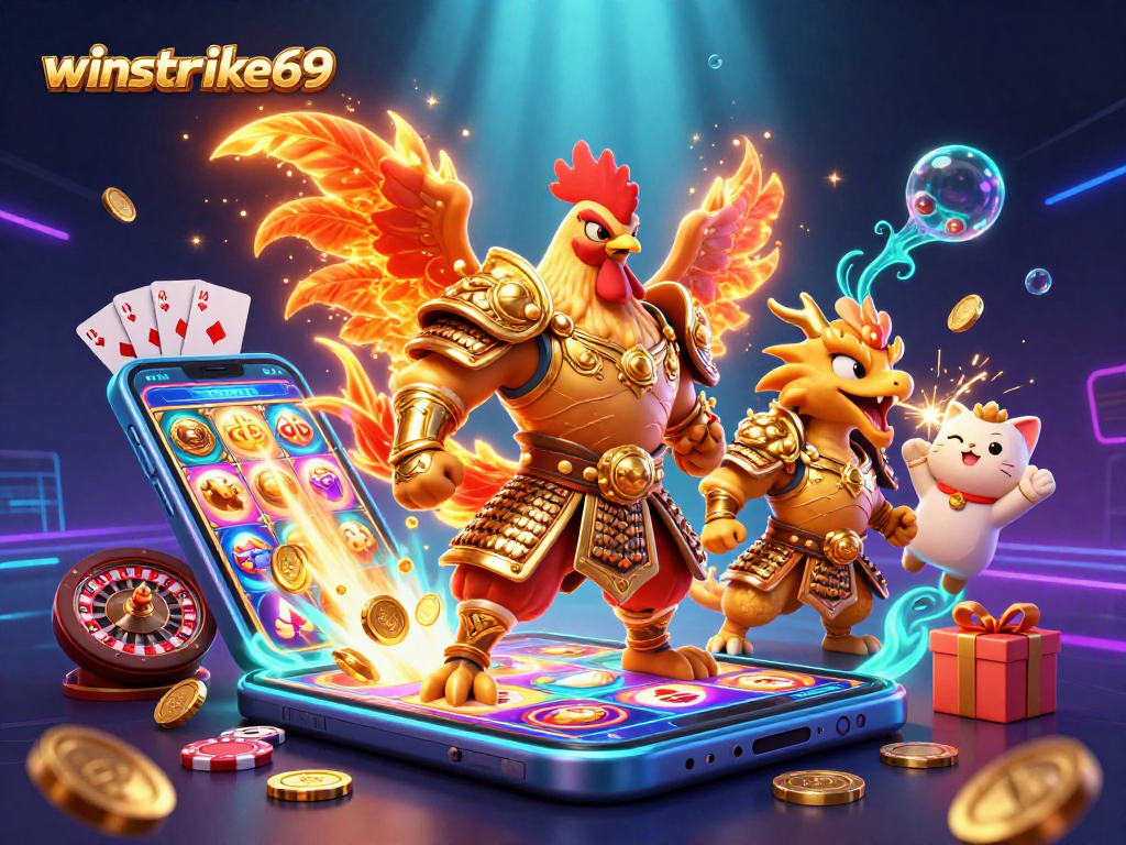 Experience the excitement of winstrike69 with a vibrant 3D illustration featuring dynamic casino elements.