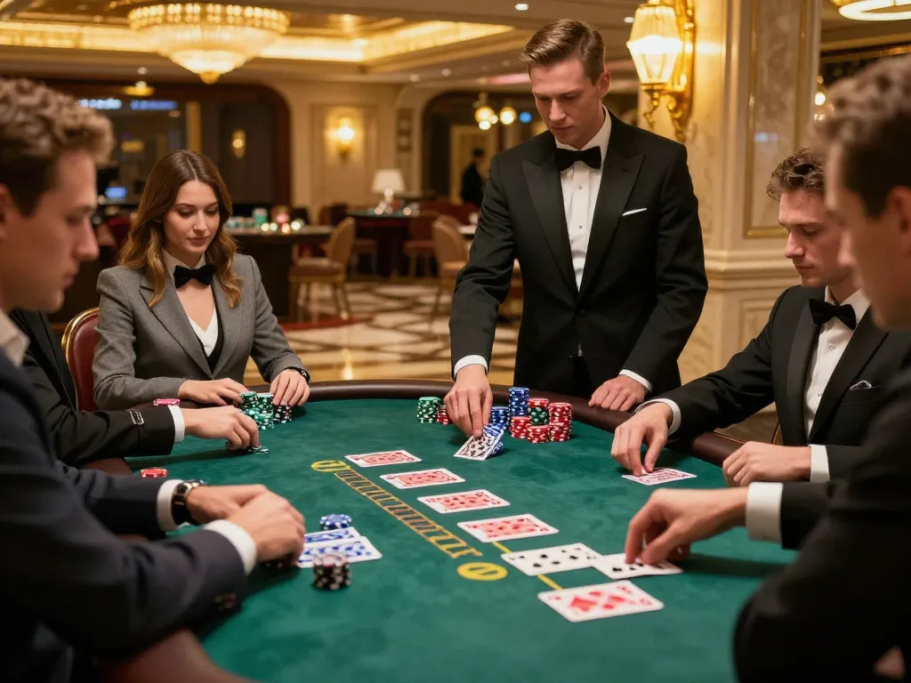 Engaged players at a high-stakes blackjack table in mb66 casino under warm lighting.