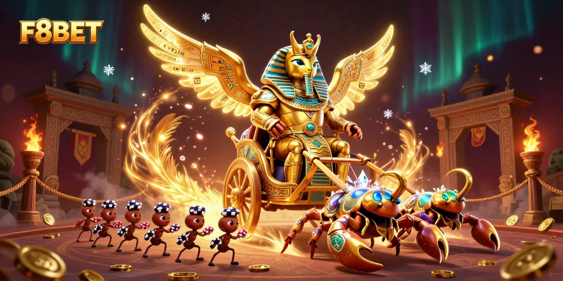 F8BET offers a captivating gaming experience with the colossal scarab beetle in an epic chariot scene.
