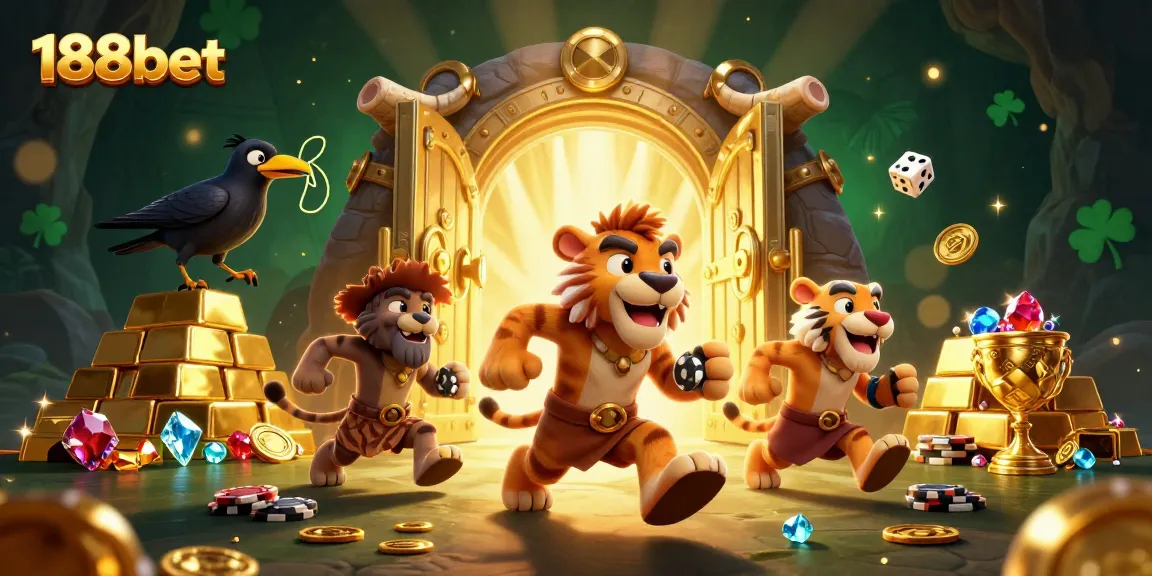 Experience thrilling gaming at 188bet with lively 3D cartoon cavemen and treasures in a prehistoric casino scene.