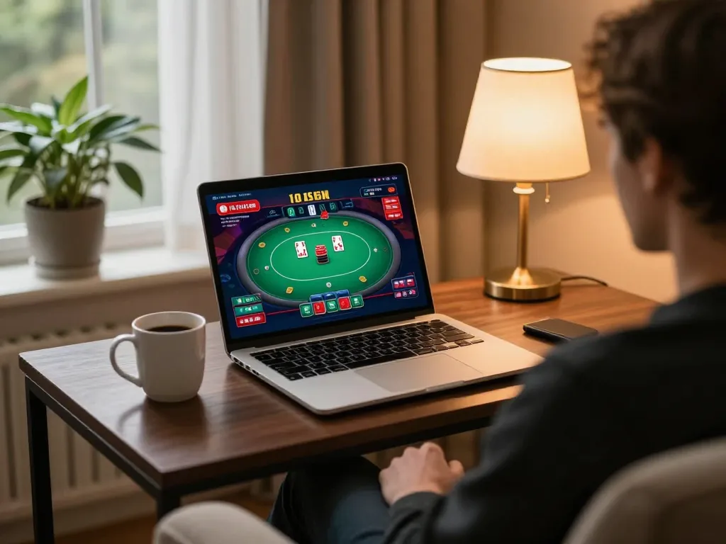 Engaging in a premium online poker game with KJC at home, showcasing a cozy gaming setup