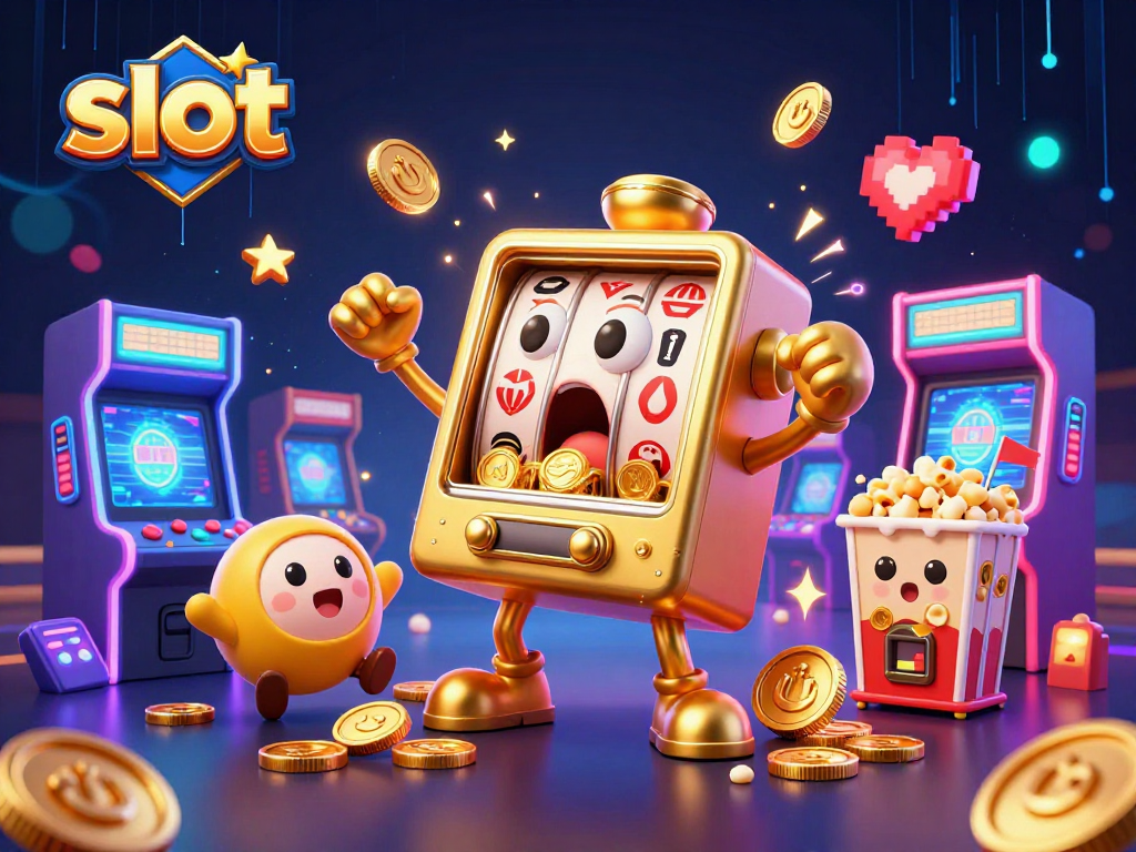 Watch the golden slot machine winning jackpots while coins fly as baby slots cheer in excitement.