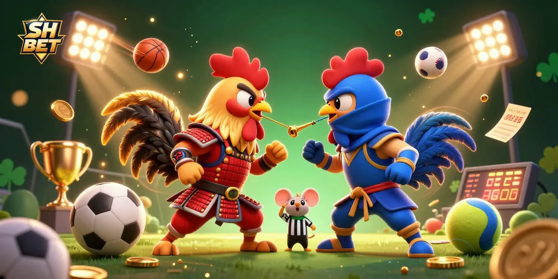 Engage in thrilling matches with SH BET, showcasing a dramatic duel of cartoon fighting roosters in a dynamic setting.