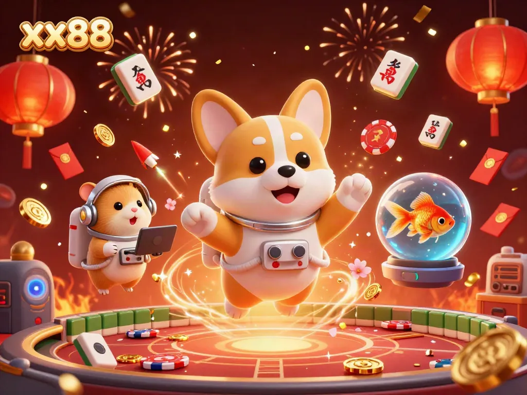 Experience exciting gameplay at xx88 with a vibrant casino atmosphere featuring a floating astronaut corgi.