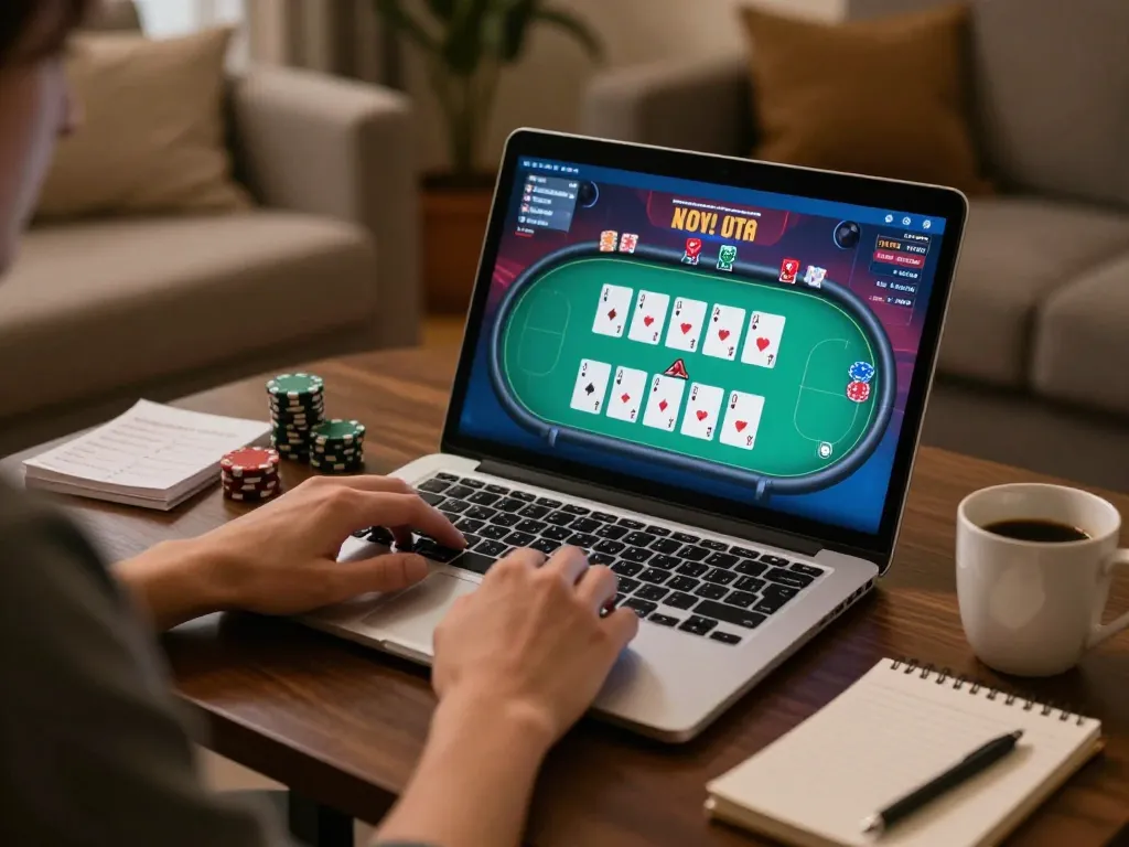 Engaging poker game on luck88com as a player strategizes with notes
