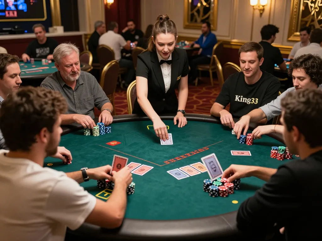 Excitement builds at King33 poker table as players bet and reveal hands in luxurious live casino setting.