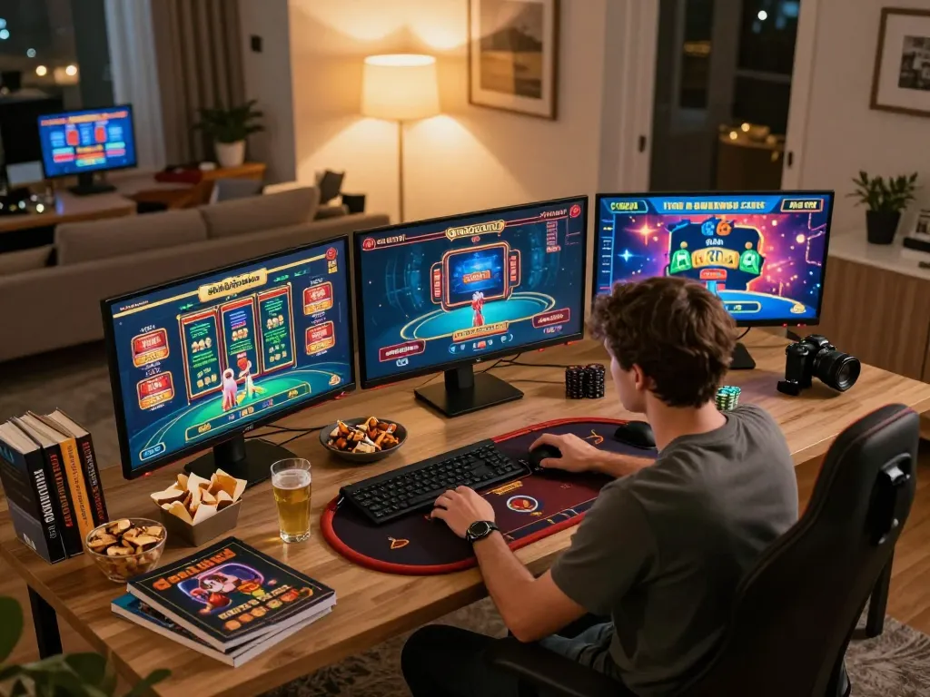 Experience strategic online gaming with dn88 as a player engages in exciting slots and poker at home.