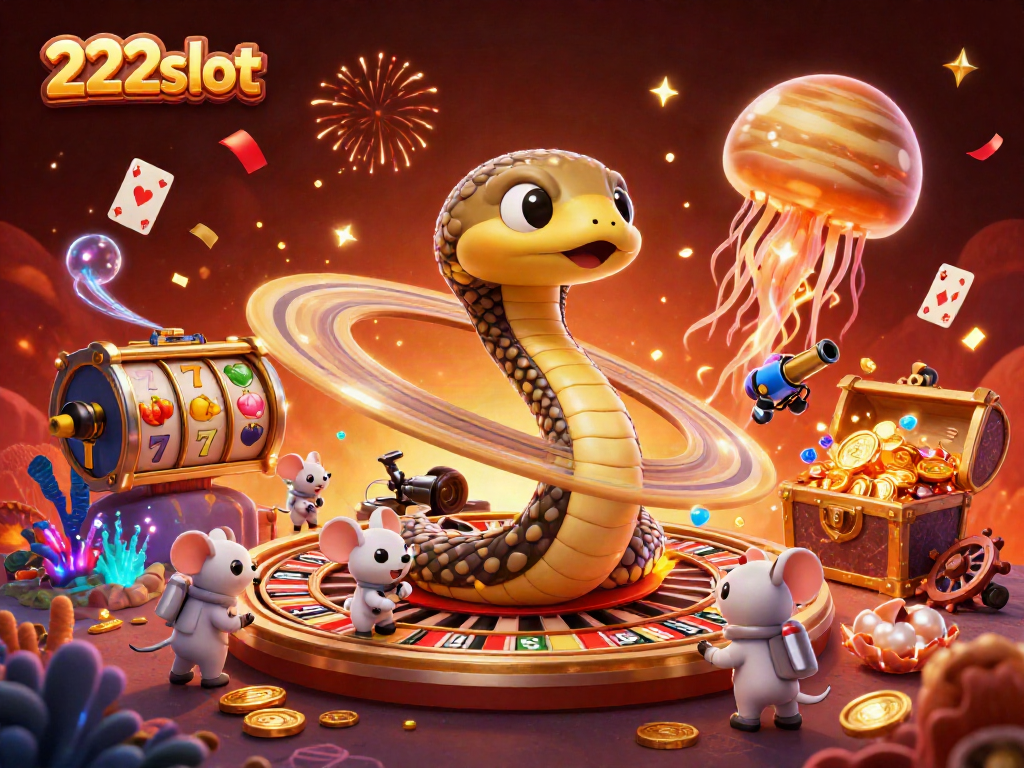 Mencoba keberuntungan dengan 222slot, simbol slot berkilau dan karakter unik dalam kasino luar angkasa.