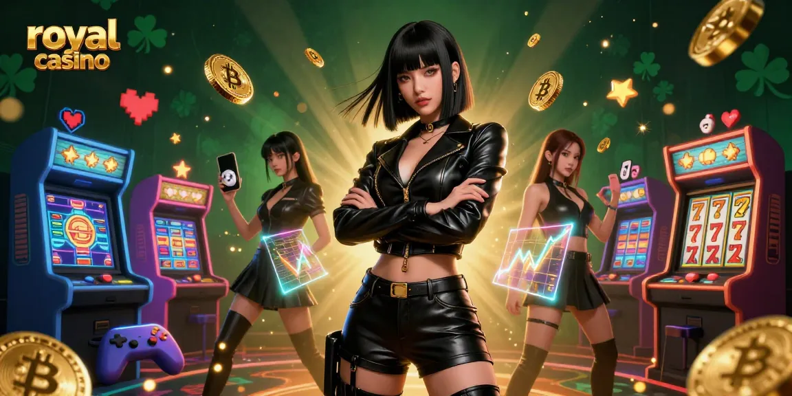 Experience the excitement of royal casino with a stunning Asian woman in a sleek outfit and dynamic gaming elements.