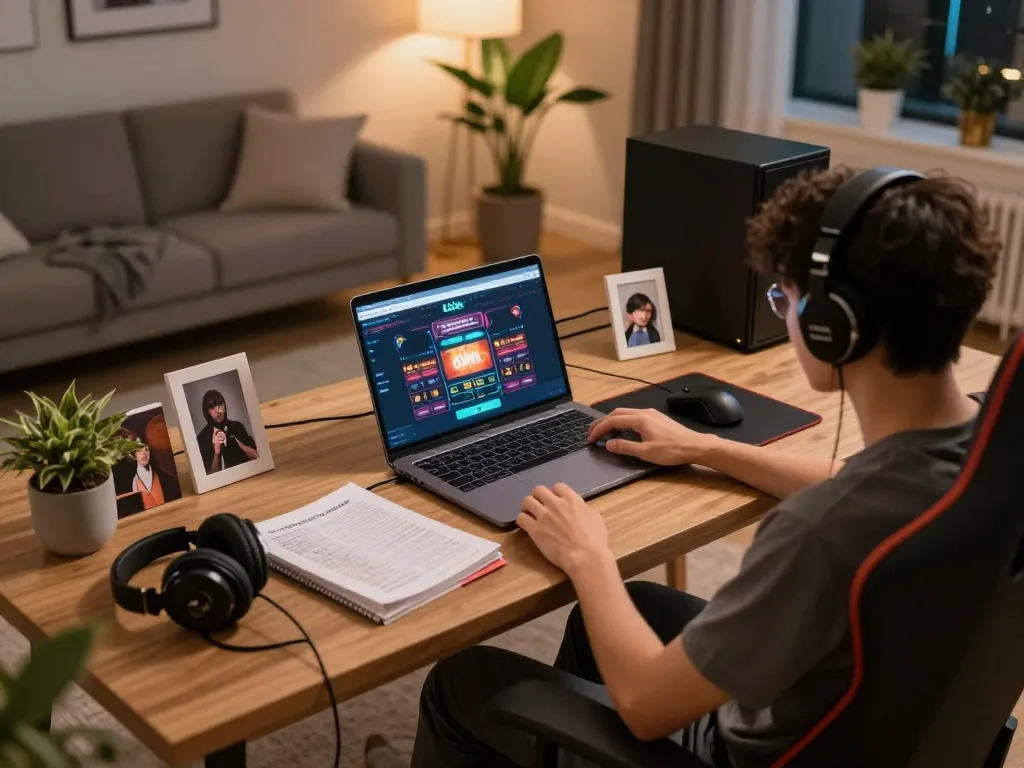 Engaged gamer enjoying online casino experience with 68win interface in cozy home setup