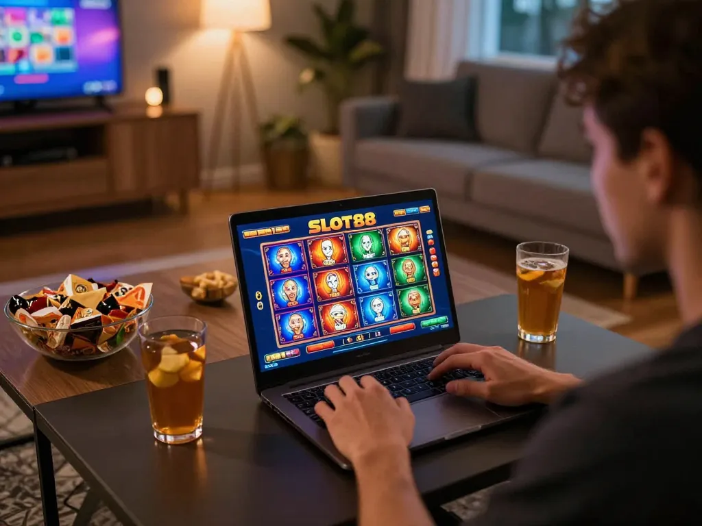 Player immersed in Slot88 online gaming on a laptop, showcasing a vibrant casino atmosphere