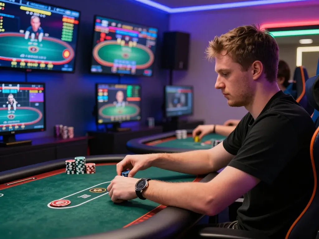 Playing online poker on multiple screens with focused intensity, showcasing strategic gameplay at 388bet.