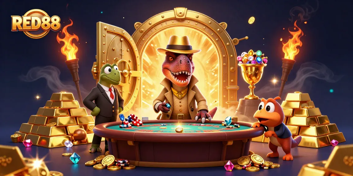 Experience thrilling card games at RED88, featuring cartoon velociraptors and gems.