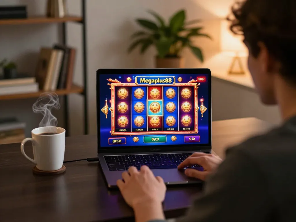 Megaplus88 online casino gaming at home with vibrant slot graphics on laptop.