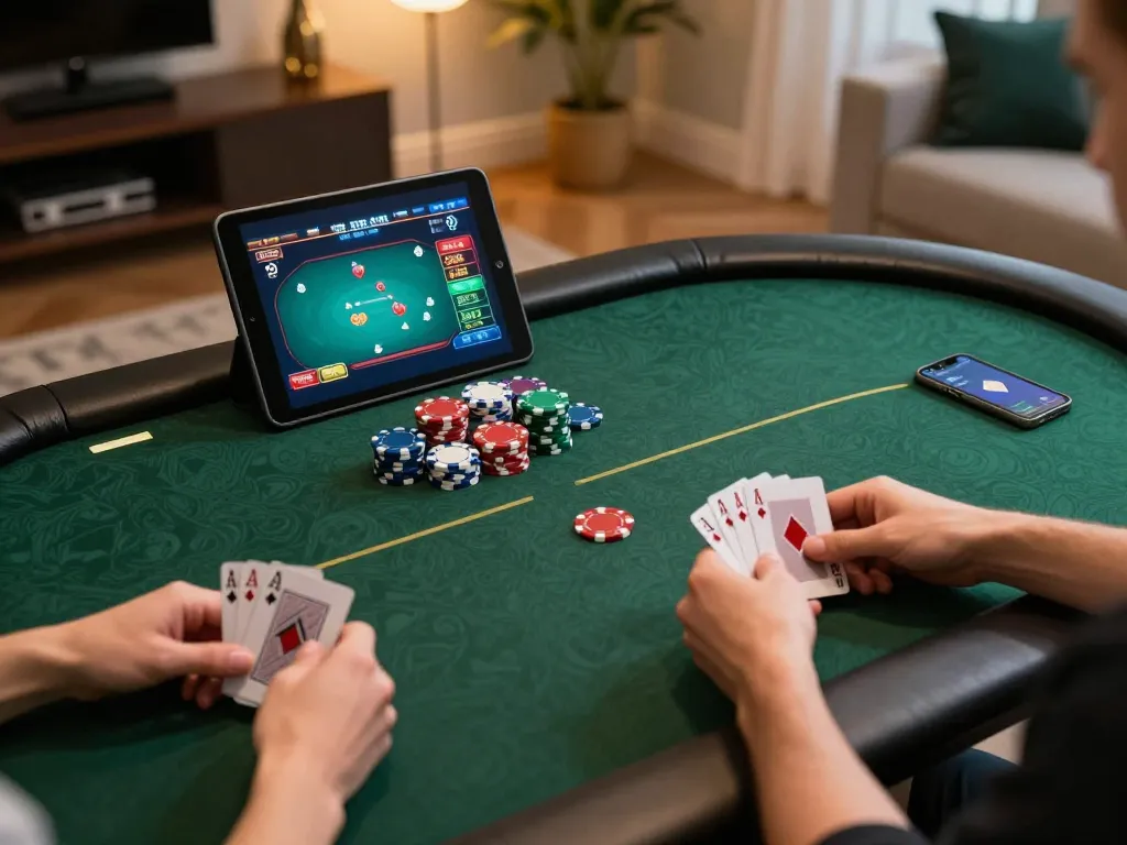 Player engaging in online poker at home with BK8, showcasing a lively digital gaming atmosphere.