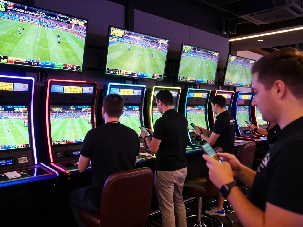 MM88 sports betting patrons excitedly placing bets in a vibrant casino arena