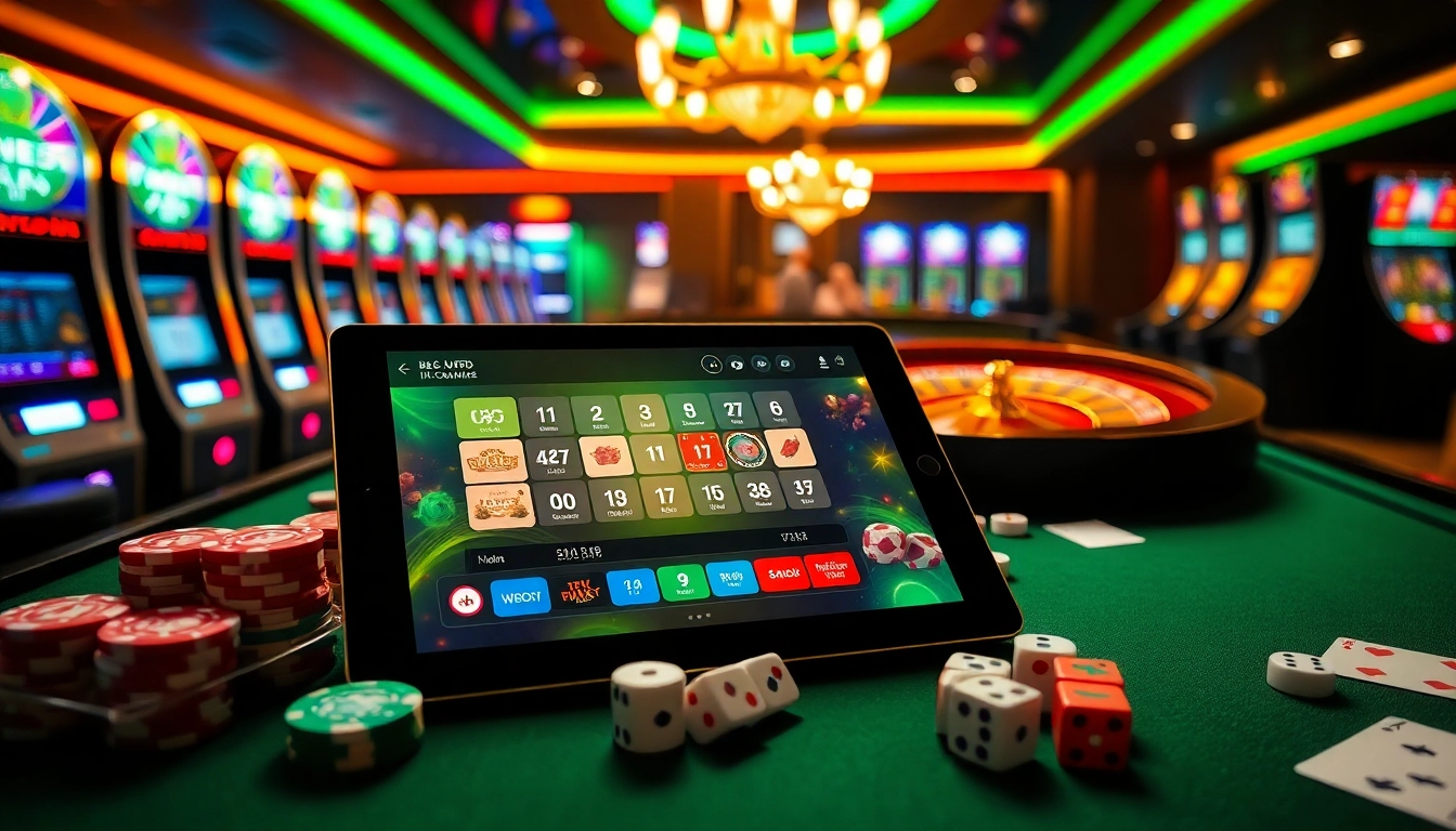 Experience thrilling gaming at https://kbl555.net/ with a vibrant casino scene filled with poker chips and slot machines.