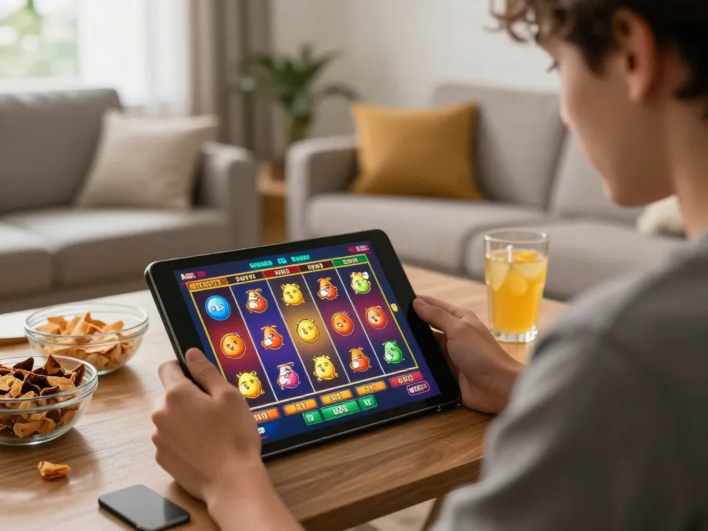 Engaging in online slot88 resmi gaming experience on a tablet in a cozy home setting