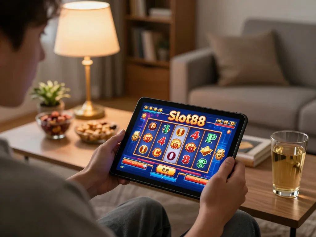 Engaging player enjoying Slot88 online gaming on tablet in cozy home setting