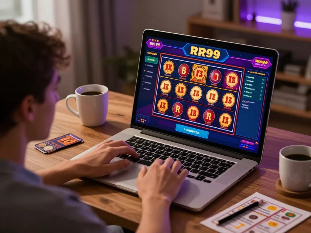 Engaging player experiencing RR99 at home using laptop for online casino games.