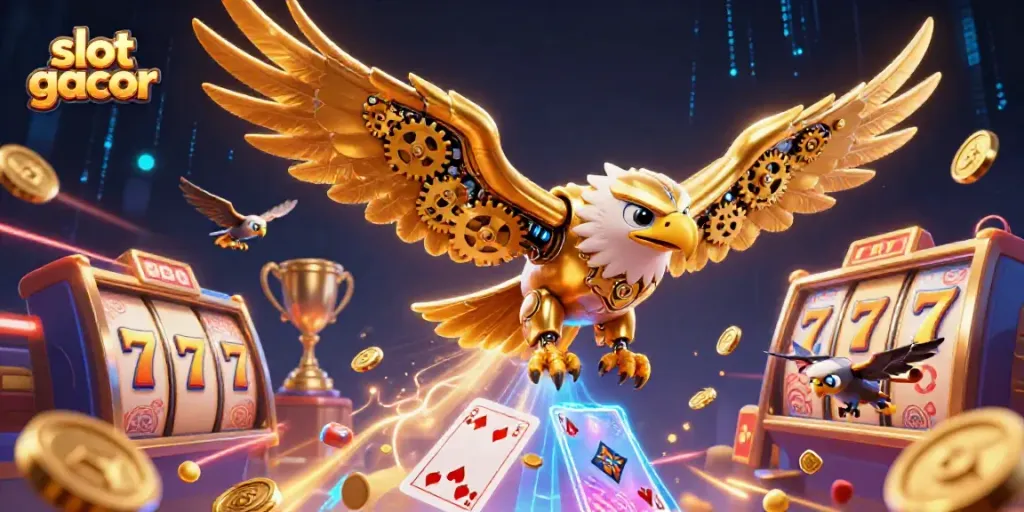 A dynamic illustration of slot gacor featuring a cybernetic eagle diving through holographic cards and slot elements.