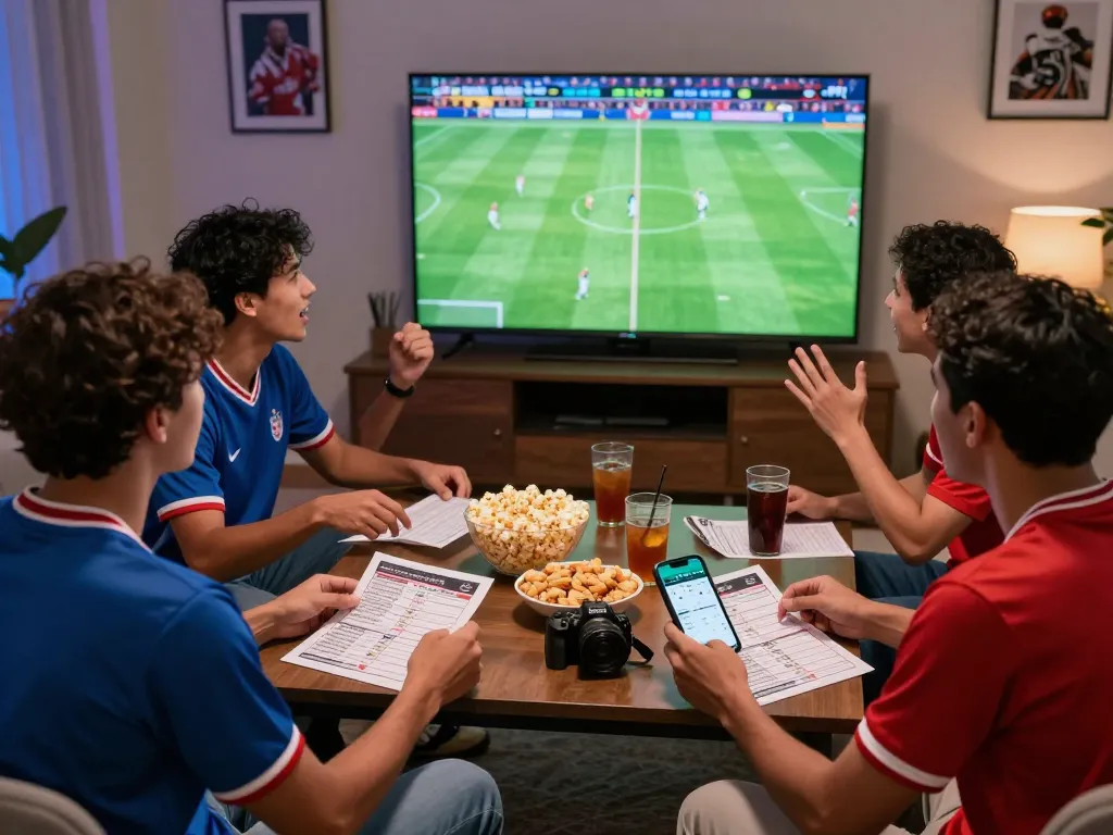 Friends enjoying Judi Bola bets during a live football match, analyzing odds and sharing snacks.