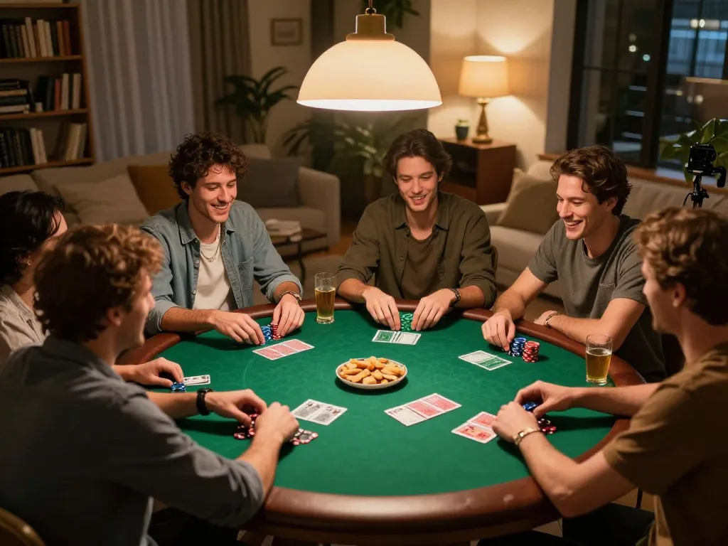 Friends enjoying poker night at home with engaging gameplay, showcasing gen-e strategies and camaraderie.