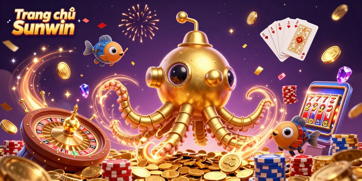 Experience the excitement of Trang chủ Sunwin with the vibrant, dynamic casino-themed illustration featuring golden kraken and casino elements.