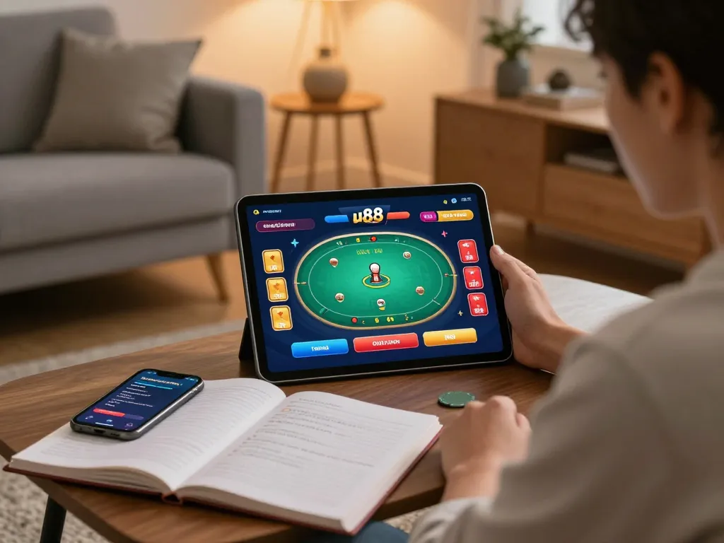 Login to uu88 for online gaming, featuring vibrant poker interface and strategy notes.