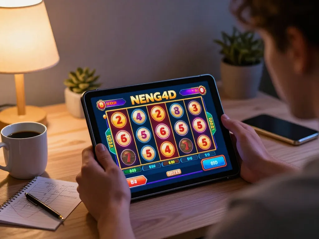NENG4D slot gameplay shown on a tablet device with vibrant graphics in a cozy home setup.
