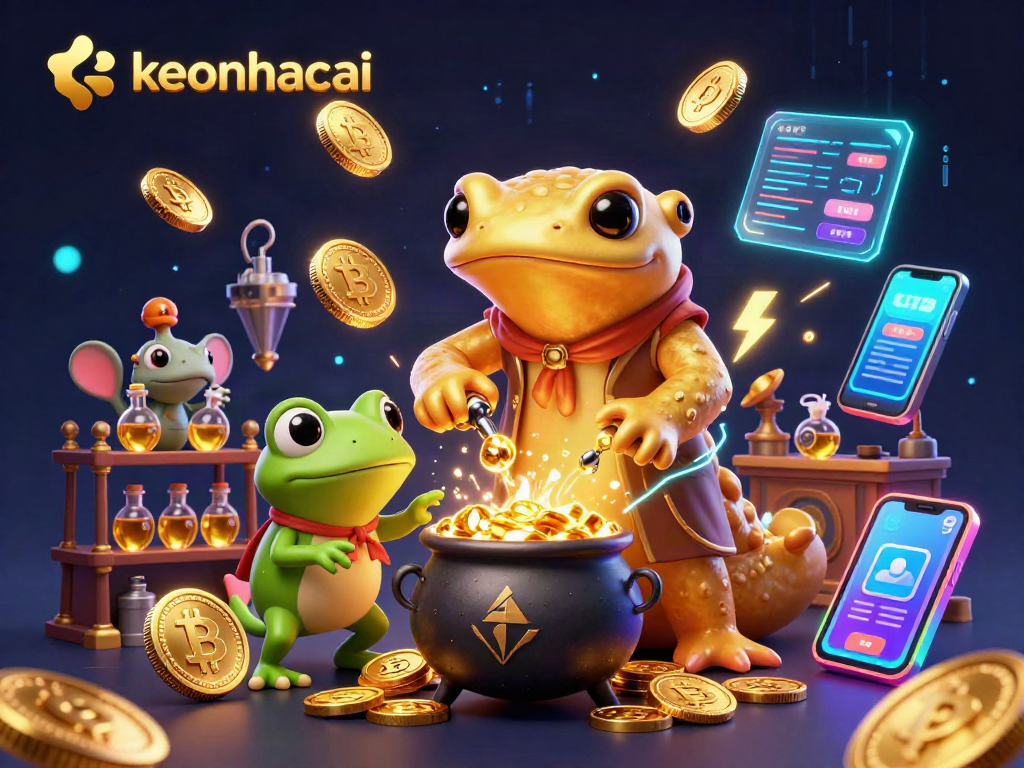 Engage with keonhacai as the alchemist transforms metals into gold, surrounded by crypto and casino magic.