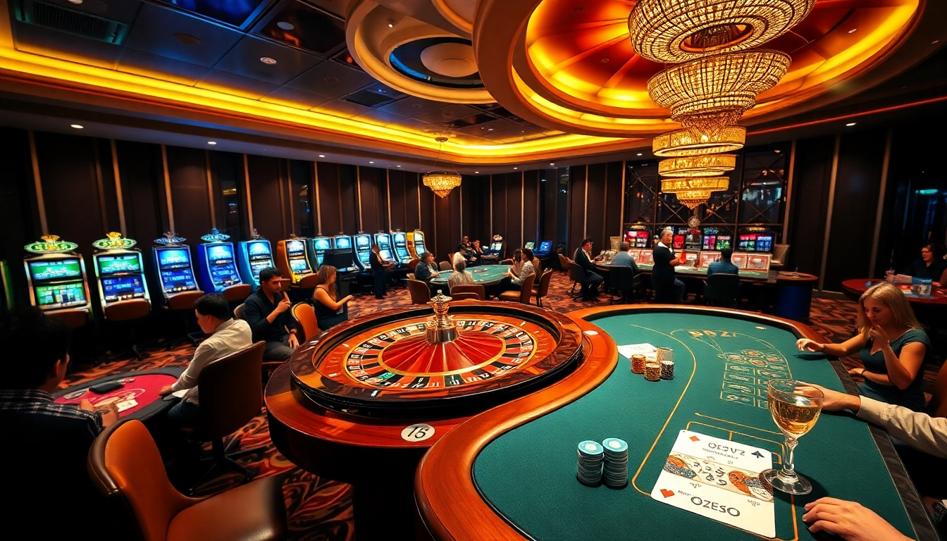 Experience the thrilling action of B52 gaming with vibrant poker tables and slot machines.