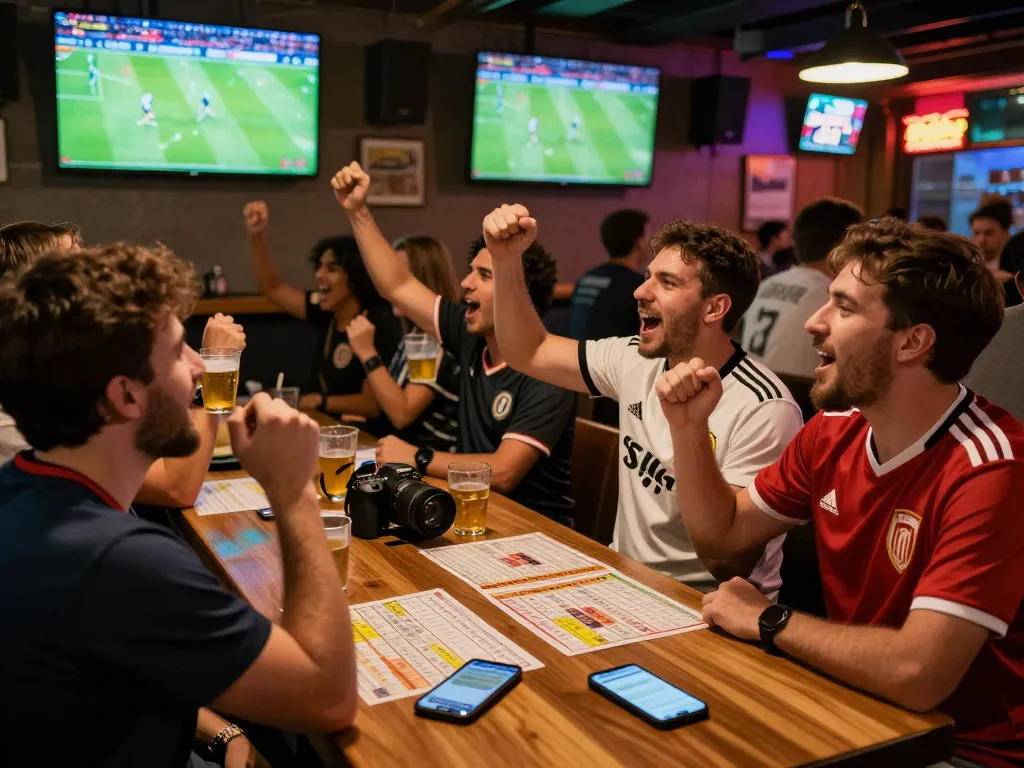 Cakhia fans celebrating a goal while checking betting options at a lively sports bar.