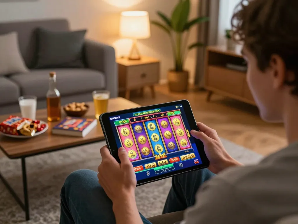 Engage with exciting link slot gameplay on a tablet in a cozy home setting