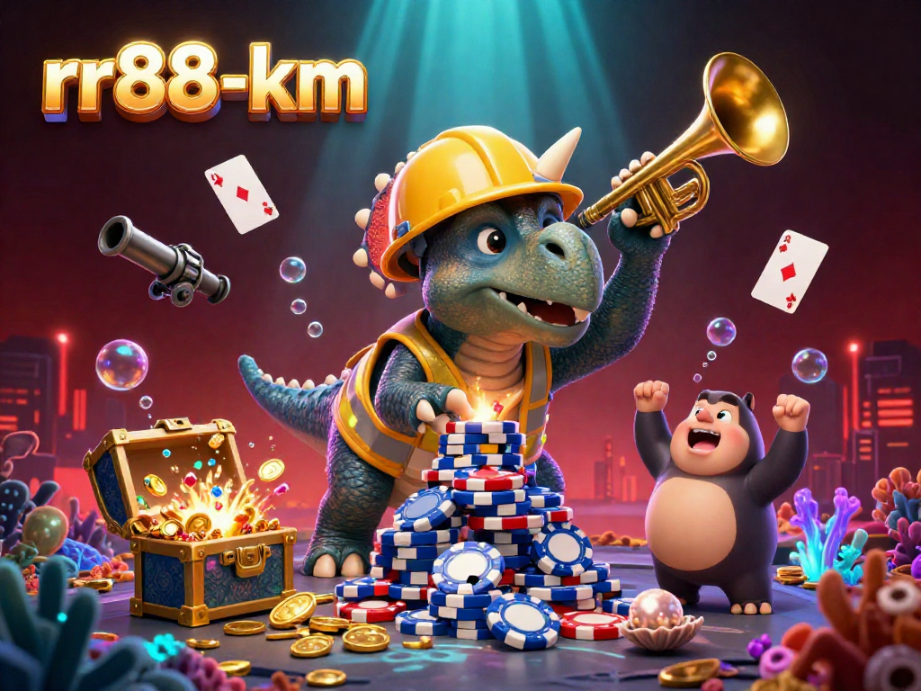 Join the fun at rr88-km as a triceratops builds a poker chip tower in a vibrant casino scene.