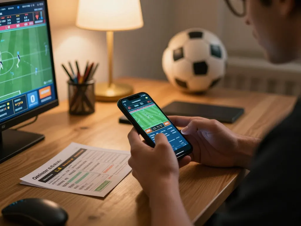 Experience sports betting excitement like 90degreeswestband, placing bets through mobile apps in a lively home office.