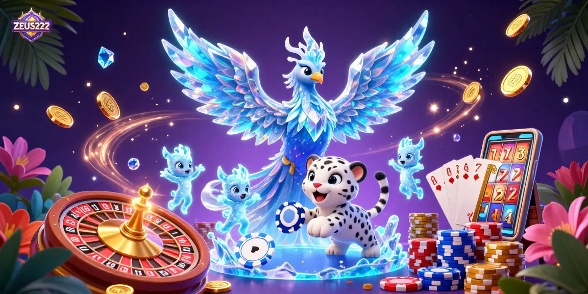 Experience ZEUS222 excitement with a lively casino scene featuring magical characters and energetic game elements.