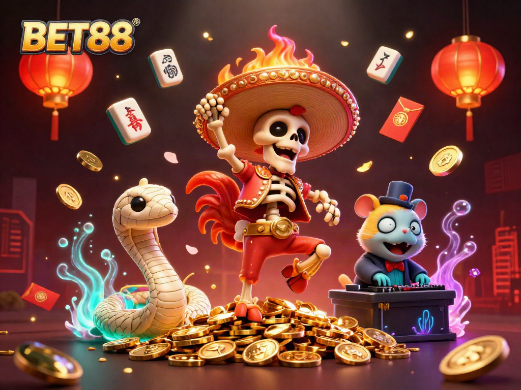 Win big with BET88 in a lively casino scene filled with vibrant characters and festive elements.