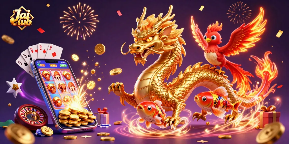 Engage in thrilling gameplay with Jai club featuring a dragon, phoenix, and koi fish amidst casino elements.
