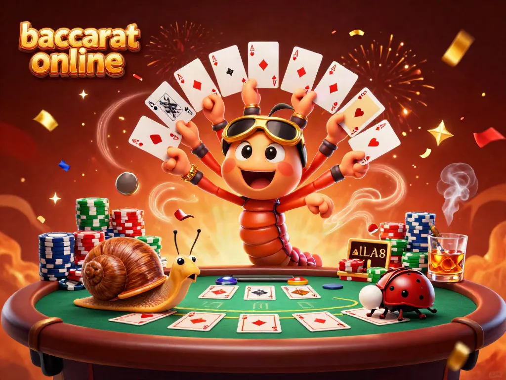 Experience thrilling baccarat online with a playful millipede dealer and vibrant gaming elements.
