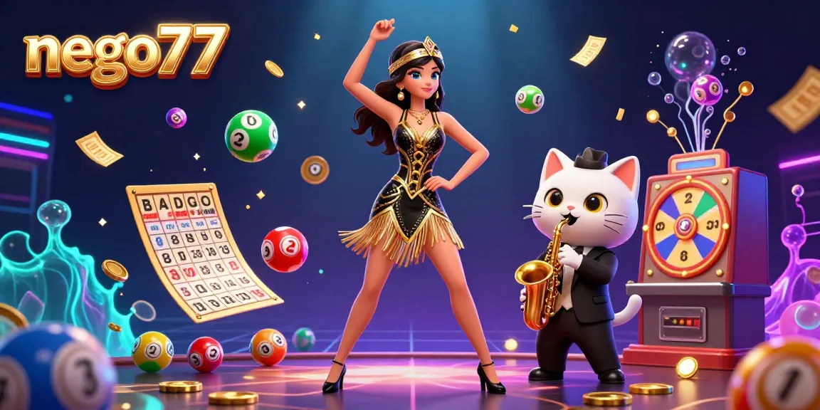 Nego77 illustrates a vibrant casino scene with a dancing flapper and a saxophone-playing cat amidst lottery balls and game elements.